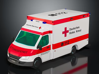 Red and White Emergency Ambulance with Red Cross Emblem 112 Number and Blue Lights 3d model