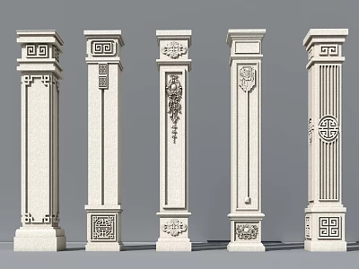 White Stone Pillars With Various Traditional Chinese Carved Patterns And Designs 3d model
