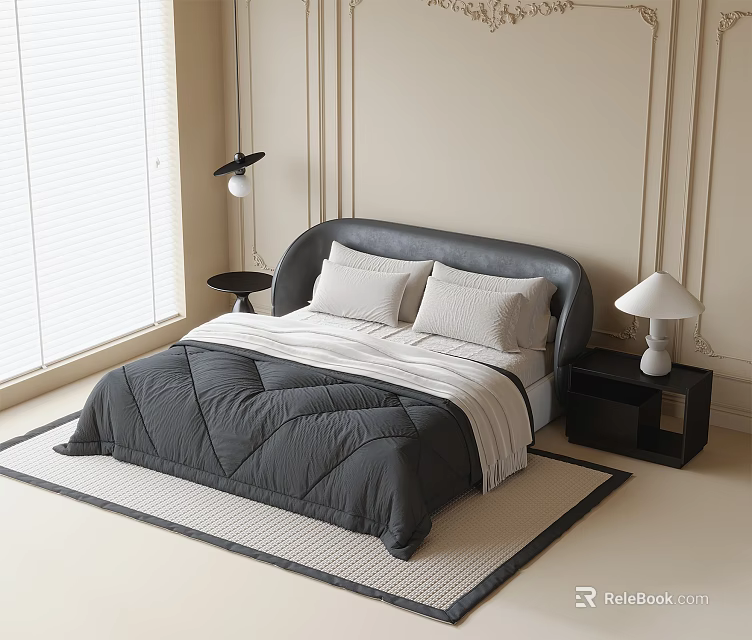 Kids Bed with Gray Leather Headboard White Pillows Gray Quilt and Nightstands with Lighting 3d model 