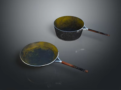 Two Kitchen Frying Pan And Saucepan With Yellow Black Coating Wooden Handles 3d model