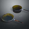 Two Kitchen Frying Pan And Saucepan With Yellow Black Coating Wooden Handles