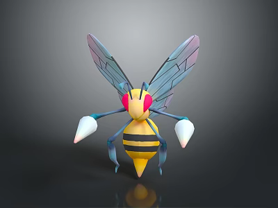 Colorful 3D Bee Model With Yellow Black Striped Body Red Eyes Blue Wings White Claws 3d model