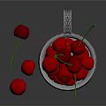 Fresh Ripe Red Cherries in Silver Decorative Container with Scattered Ones