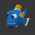 Cartoon Blue Fish with Yellow Accents Orange Spots Big Eyes on Dark Background 3d model