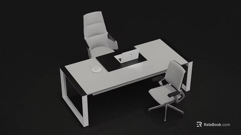 Modern Office Desk And Chair Set With White Top Black Frame And Rolling Chairs 3d model 