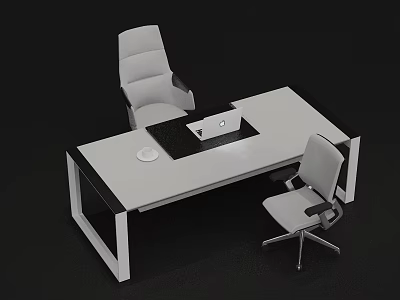 Modern Office Desk And Chair Set With White Top Black Frame And Rolling Chairs 3d model