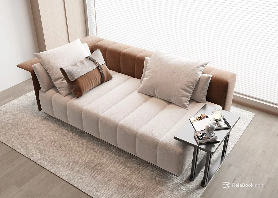 Modern Beige And Brown Chaise Lounge With Plush Cushions And Side Table In Living Room 3d model 