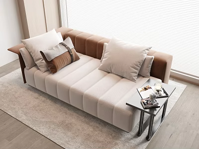 Modern Beige And Brown Chaise Lounge With Plush Cushions And Side Table In Living Room 3d model