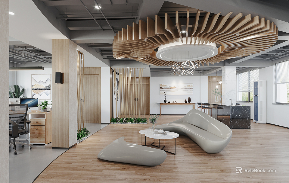 Modern Lounge Area Interior Design With Curved Sofa Wooden Ceiling And Green Plants 3d model 