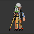 Construction Worker Figurine Using Green Surveying Instrument On Yellow Tripod With White Hard Hat