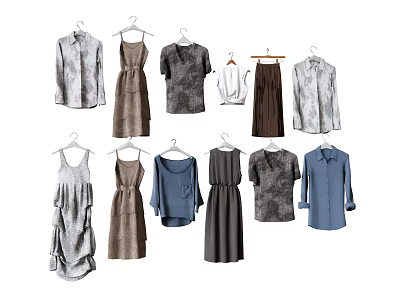 Various Stylish Clothes Including Shirts Dresses And Tops In Gray Brown And Blue Tones 3d model