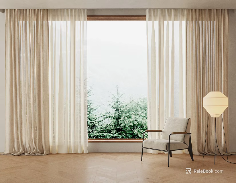 Light Beige Sheer Curtains With Window Greenery View Modern Chair Floor Lamp Wooden Herringbone Floor 3d model 