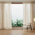 Light Beige Sheer Curtains With Window Greenery View Modern Chair Floor Lamp Wooden Herringbone Floor