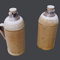 Pair of Ceramic Jugs With Woven Texture Handles and Wooden Lids