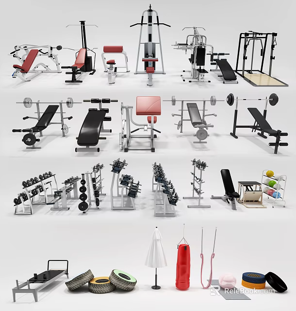 Diverse Collection of Sports Equipment Including Fitness Benches Dumbbells Barbells and Punching Bags 3d model 