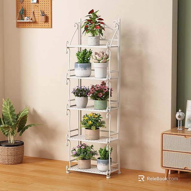 White Multi Tiered Metal Flower Stand With Various Potted Plants Indoor Decor 3d model 