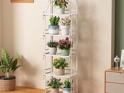 White Multi Tiered Metal Flower Stand With Various Potted Plants Indoor Decor 3d model