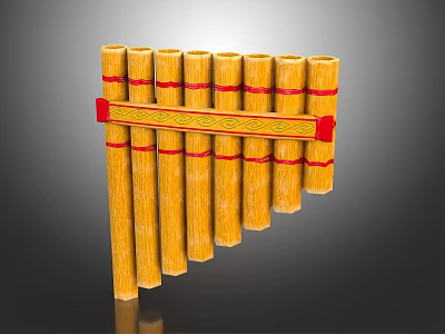 Traditional Bamboo Pan Flute With Yellow Pipes Red Straps And Decorative Band 3d model