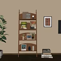 Multi Tiered Wooden Bookshelf with Books Decorations Green Plant and Vintage Radio