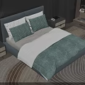 Modern Double Bed With Grey Headboard Green And White Bedding Nightstands And Rug