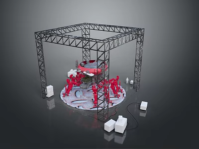 Game Movie Character In Metal Frame Structure With Red Figures And White Blocks 3d model