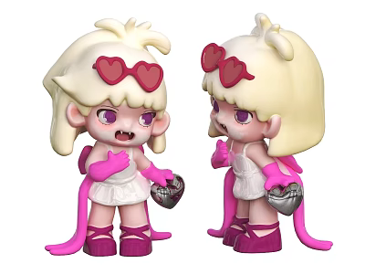 Two Cute Blonde Hair Dolls With Red Heart Sunglasses Purple Eyes White Dress Pink Gloves 3d model