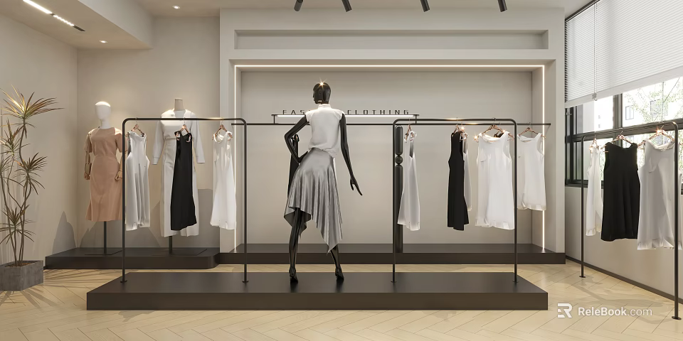 Modern Lady Clothing Store With Mannequin And Hanging White Black Dresses On Racks 3d model 