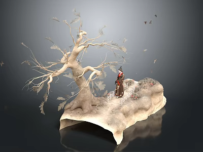 Woman In Traditional Clothing Standing By White Tree With Falling Leaves And Dark Background 3d model