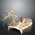 Woman In Traditional Clothing Standing By White Tree With Falling Leaves And Dark Background