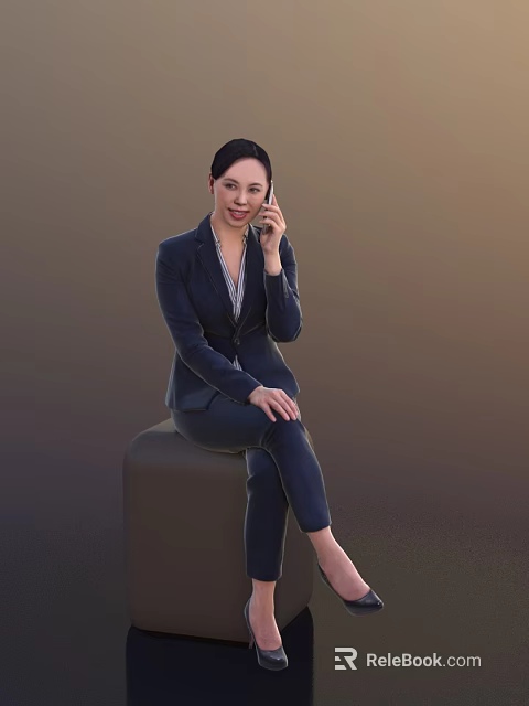 Professional Woman In Dark Blue Suit Sitting On Gray Cube Using Phone With Brown Background 3d model 