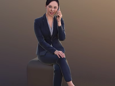 Professional Woman In Dark Blue Suit Sitting On Gray Cube Using Phone With Brown Background 3d model
