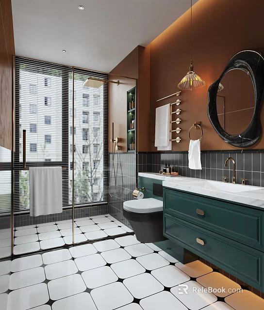 Modern Bathroom Interior With Green Vanity White Tiled Floor Round Mirror And Glass Shower 3d model 