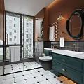Modern Bathroom Interior With Green Vanity White Tiled Floor Round Mirror And Glass Shower