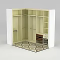 Tech Exhibition Hall Showcasing Modern Wardrobe With Compartments Shelves Drawers And Geometric Floor Tile