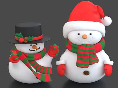 Festive Christmas Snowman Decorative Ornament Set With Red Green Scarf Hat And Gloves 3d model