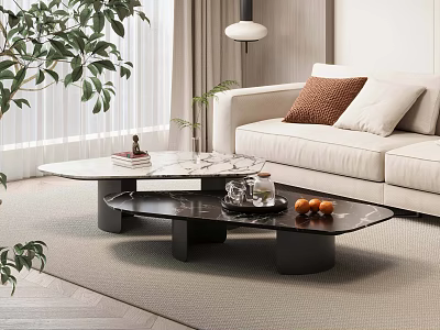 Modern Marble Coffee Table in Contemporary Living Room with Sofa Plants and Decorative Items 3d model