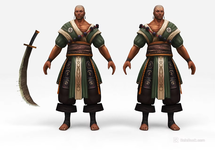Game Movie Character With Bald Head And Traditional Green Outfit Holding Large Sword 3d model 