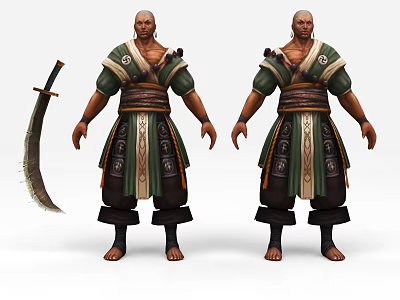 Game Movie Character With Bald Head And Traditional Green Outfit Holding Large Sword 3d model
