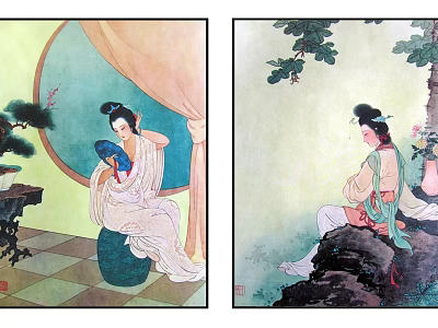 Traditional Chinese Paintings Featuring Classical Ladies Combing Hair And Natural Scenery 3d model