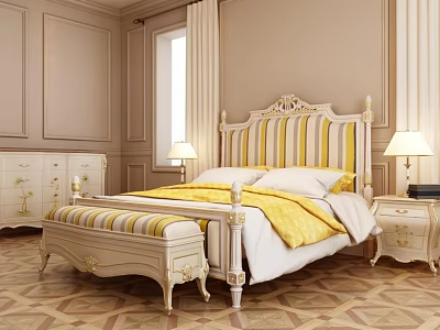 Elegant Classic Double Bed with Striped Headboard Yellow White Bedding Bedside Tables Lamps Parquet Flooring 3d model