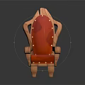 Red Upholstered Wooden Chair With Decorative Nails And Carved Armrests
