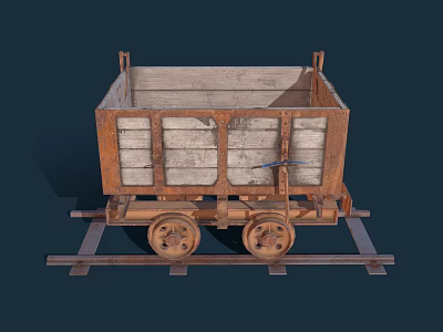 Vintage Mining Cart with Wooden Body Rusted Metal Frame and Wheels on Rail Tracks 3d model