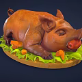Roasted Pig Figurine Lying on Wooden Platter with Fresh Carrots and Lettuce
