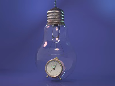 Transparent Light Bulb With Small Alarm Clock Inside On Blue Background 3d model