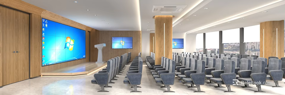 Modern Conference Room Interior With Rows Of Comfortable Seats And Large Digital Screens 3d model 