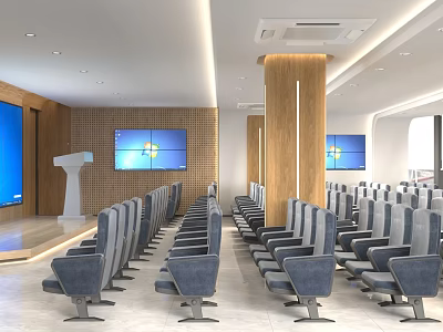 Modern Conference Room Interior With Rows Of Comfortable Seats And Large Digital Screens 3d model