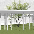 Contemporary Garden Landscape Featuring White Curved Structure Pillars Large Tree And Green Lawn