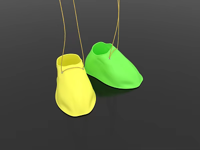 Yellow and Green Shoes Hanging with Strings on Dark Background 3d model