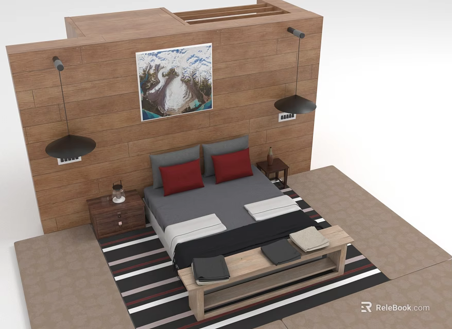 Bedroom Interior With Wooden Wall Painting Gray Bed Red Pillows Nightstand Striped Rug Pendant Lights 3d model 