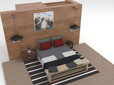 Bedroom Interior With Wooden Wall Painting Gray Bed Red Pillows Nightstand Striped Rug Pendant Lights 3d model